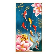 아트미니 보석십자수 재운 황금 금빛 비단 잉어 소원 연꽃 행운 몰려가는, 55x90cm