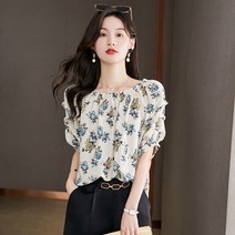 여름티셔츠패션 얇은 누에실 인쇄 꽃무늬 반팔셔츠 거물급 디자인감각 5부 소매 실크 풀오버 후드 페퍼티 4997647510