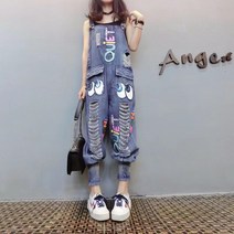 라오농 여성 멜빵바지 루즈핏 레터링 팬츠 찢어진 배기 멜빵 데님 팬츠+IY03X