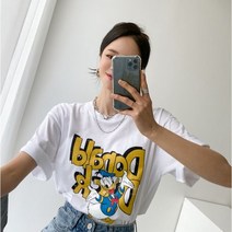 여성 봄 여름 기본 루즈핏 라운드넥 디즈니 정품 캐릭터 도날드 면소재 반팔 티셔츠 오버핏 데일리 캐주얼 패션 옷 코디