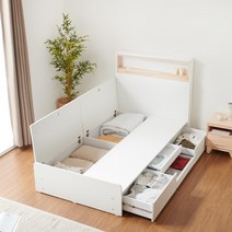 밀라 편백나무 3단LED조명+콘센트 수납침대 프레임 (SS/Q) 슈퍼싱글 퀸, 화이트