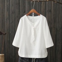 누블랑 2021 S/S 스쿨룩 면마 셔츠 에스닉 여성 칠부 리넨 반팔 티셔츠 상의녀