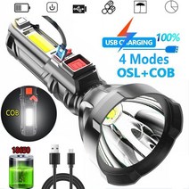 LED 손전등 COB 스포트라이트 전술 라이트 18650 토치 USB 충전식 램프 4 가지 조명 모드 야외 방수 핸드