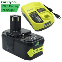 (배터리+충전기 세트) 료비 호환 충전 배터리 18V 8Ah 리튬이온 호환 Ryobi P108 RB18L40