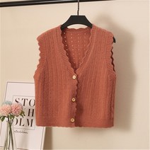 여름 레이스 자수 조끼 베스트 뷔스티에 펀칭 여성 스웨터 싱글 브레스트 짧은 브이넥 달콤한 여학생 봄 니트 민소매 상의