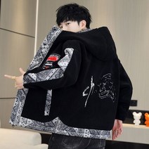 남성 타이다이 양털 뽀글이 안감 후리스 루즈핏 배색 기모 후드 집업 중학생 고등학생