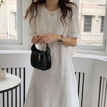 미즈큐즈 / 써클 여름 자수 펀칭 A라인 반팔 퍼프소매 허리끈 플