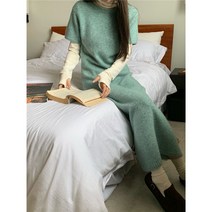 케익 라이 라운드넥 롱 니트 스웨터 반팔 원피스 S381