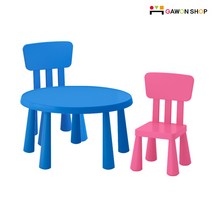 이케아 MAMMUT 원형테이블(블루) + 등받이의자2개 세트, 블루2개