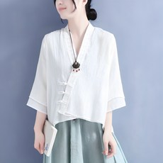POMTOR 여자 여름 레이스 칠부 셔츠 면마 생활한복
