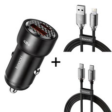 Toocki 48W 알루미늄 A+C 2포트 고속 차량용 충전기+Ato8핀 1m 충전 케이블+CtoC 60W 1m 고속 충전 케이블, 블랙