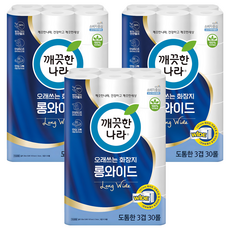 깨끗한나라 오래쓰는 롱와이드 천연펄프 3겹 고급롤화장지, 30m, 30개입, 3개 30롤, 3팩