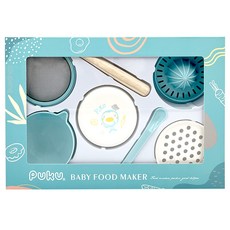 PUKU 藍色企鵝 幼兒離乳研磨器套裝, 耐高溫材質, 安全無毒, 精美禮盒包裝, 蓋子 + 圓孔研磨板 + 榨汁器 + 湯匙 + 鹽魔搗碗 + 過濾篩網 + 研磨木棒, 1組