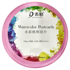DORERART 丟勒 圓形水彩紙明信片套裝, 300g 中粗紋, 24張, 直徑10.5cm, 粉色鐵盒