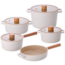 Kitchen well IH爐可用 陶瓷鍋套組, 米色, 雙手把鍋16cm+雙手把鍋20cm+單柄鍋18cm+燉鍋22cm+平底鍋22cm, 1組