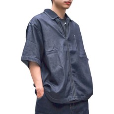BOHRHOO Zipper Demin Shirt 短袖牛仔襯衫外套, 輕水洗, 深藍色, M