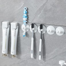 Musiine空飄吸盤牙刷架 5入+黏貼式牙膏架 2入組, 1組, 白色