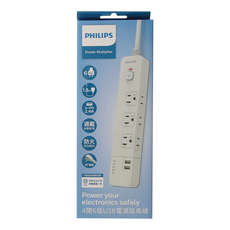PHILIPS 飛利浦 4開6插USB電源延長線 CHP4760WA/96, 1.8m, 白色, 1盒