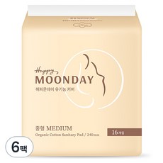 해피문데이 유기농 생리대 날개형, 중형, 16개입, 6개