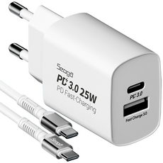 서가 25W PD3.0 PPS 2포트 멀티 C타입 초고속 충전기+60W 메탈 고강도 CtoC 초고속 케이블 2m 세트, 화이트, 1세트