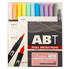 Tombow 蜻蜓牌 ABT 雙頭彩色毛筆 12色套裝，水性染料，粗細雙頭, 粗頭毛筆 + 幼筆頭0.8mm, 1盒