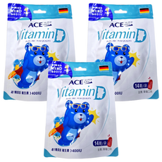 ACE SUPER KIDS 維他命D軟糖，全素草莓口味，健康小零嘴，成分單純，包裝便利, 3.2g, 14顆, 3袋