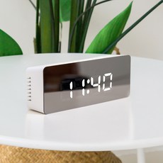 레토 무소음 거울 LED 알람 온도 탁상시계 직사각형 LLC-P02, 화이트