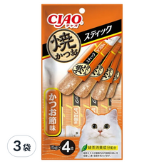 INABA CIAO 啾嚕 寒天鰹魚燒肉泥 柴魚片 15g x 4入, 條狀包裝方便餵食, 綠茶除臭成分配方, 有助減少貓咪糞便的異味, 60g, 3袋
