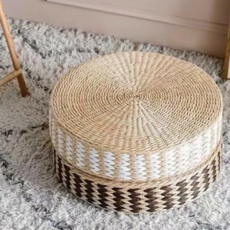 沐慕家居 多功能坐墊 草編坐墊 白色 直徑45cmx高10cm, 45 x 10cm
