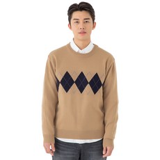 CARET 男款寬版針織毛衣，菱格紋, 深米色, L-XL