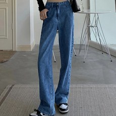 高腰素面直筒牛仔寬褲, 親膚面料, 時尚百搭, L, 深藍, 1條