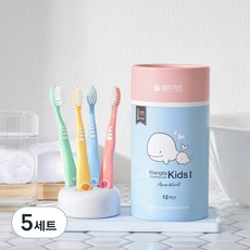 왕타 아쿠아월드 어린이 칫솔 1호, 혼합색상, 12개입, 5세트 코랄, 노랑, 초록, 파랑, 5세트
