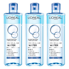 L'OREAL PARiS 巴黎萊雅 三合一卸妝潔顏水 深層極淨型, 溫和成分, 無防腐劑/酒精/香料添加, 防水彩妝適用, 保濕不黏膩, 400ml, 3瓶