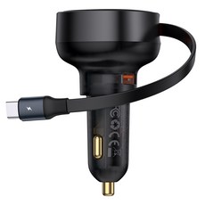 베이스어스 릴타입 차량용 고속 충전기 60W U포트 + C타입 릴케이블, C00057802111-00, 블랙 U+Type-C케이블 60W, 블랙