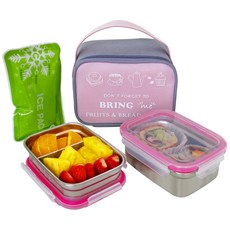 브링미 스텐도시락 2단 세트 + 가방 + 아이스팩, 1세트, 핑크