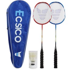 엑시코 배드민턴 라켓 POWERTEC E-2200 2p + 휴대용 케이스 + 셔틀콕 2p 랜덤 발송, 블루, 레드, 1세트