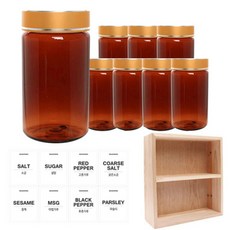 홈앤라이프 갈색 원형 PET 양념통 금속 골드 캡 300ml x 8p + 흰색 스티커 8p + 사각 선반 세트, 1세트, 양념통 원형 8p + 흰색 스티커 8종 + 사각 2단 선반