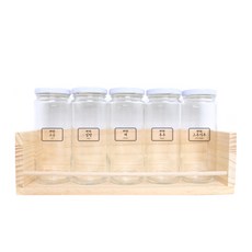 핸드팩토리 양념통 원형 라지 5p + 1단 양념통 우드선반 + 라벨, 1세트, 양념통 화이트캡 5p + 우드선반 + 도트라인 라벨