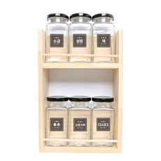 핸드팩토리 양념통 사각 라지 블랙캡 6p + 2단 양념통 우드선반 중 + 뱃지 라벨, 1세트, 3종