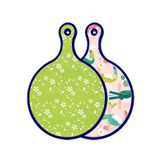 로엠디자인 블루에디션 양면 원형 서빙 도마 라인플라워 그린, 구관조핑크, 1개