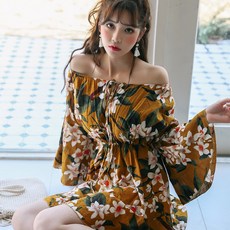 벤디스 여성용 비치 원피스 오프숄더 비키니 커버업 비치웨어 라라랜드 H259, 옐로우