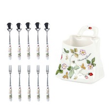 BSF 印花餐具+印花手提餐具桶組 11入, 混色, 茶匙 5p + 茶叉 5p + 茶匙桶
