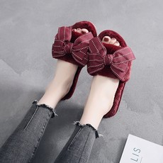 올나인 스티치 리본 털 슬리퍼