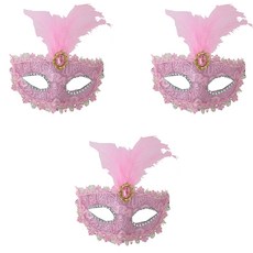 派對秀威尼斯蕾絲羽毛半面具 3入, 粉色的