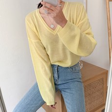 아모르데이 여성용 코지 니트 루즈핏 소프트 베이직 심플 데일리 시스루 브이넥 스웨터