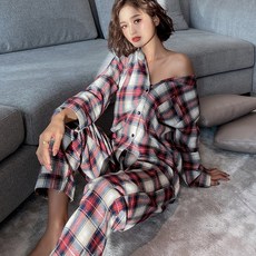 글램공감 여성용 버건디체크 투피스 잠옷 상하세트