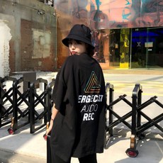 매드시스터 여성용 레코드 오버핏 반팔 롱 티셔츠