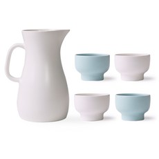BOWLBOWL 陶瓷水壺+燒酒杯 4入, 1套, 玻璃瓶牛奶白 + 燒酒玻璃牛奶白 2p + 天藍色 2p