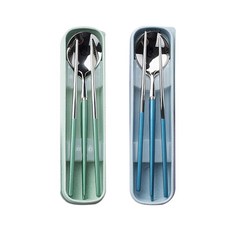 블룸엣홈 마카롱 학생용 도시락 숟가락 + 젓가락 + 포크 + 케이스 세트 2인, 그린, 블루, 1세트