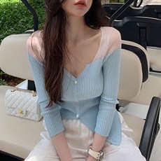 페이퍼먼츠 여성용 언발란스 투톤 시스루 골지 봄 여름 가을 가디건 12601